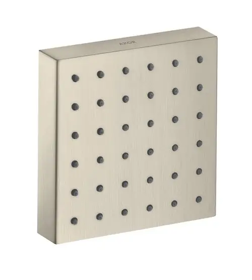 Brausemodul mit quadratischer Form, ausgestattet mit schwarzen Düsen auf einer gebürsteten Nickel-Oberfläche, von der Marke AXOR.